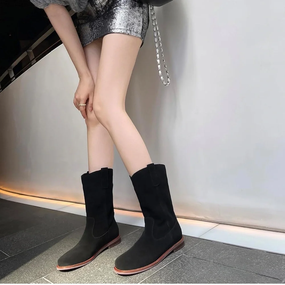 Flat Heel Western Boots Round Toe Suede Mid Calf Cowboy Boots Wide Calf Pull On